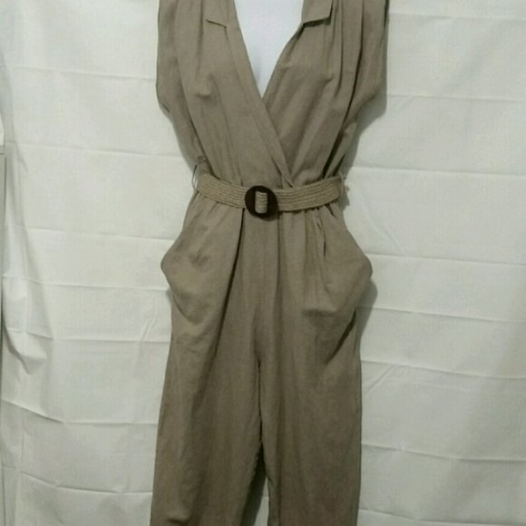 Zara Linen Blend Belted Jumpsuit Sand Sz XL, L